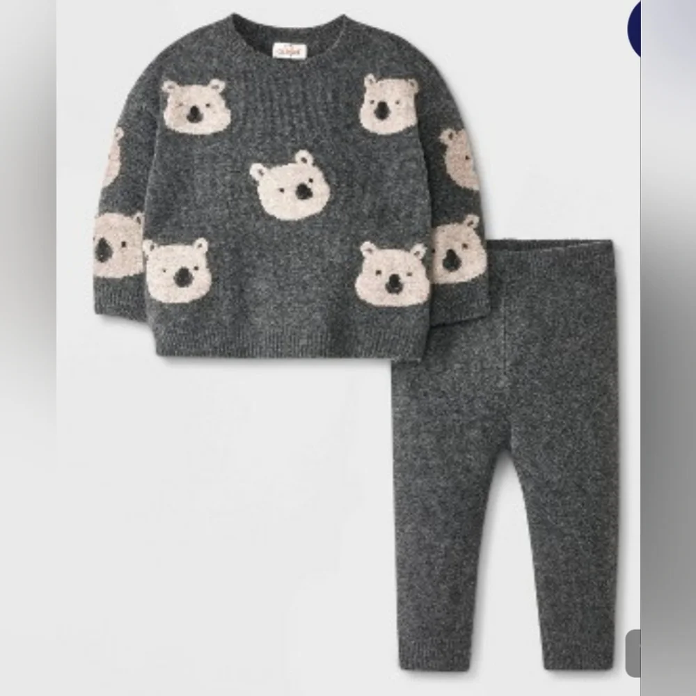 Gray Bear Pattern Sweater and Leggings Set